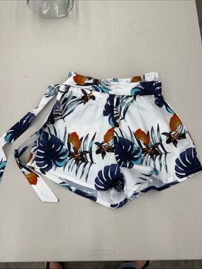 SHEIN White Tropical Floral Tie-Waist Shorts with Navy & Teal Accents